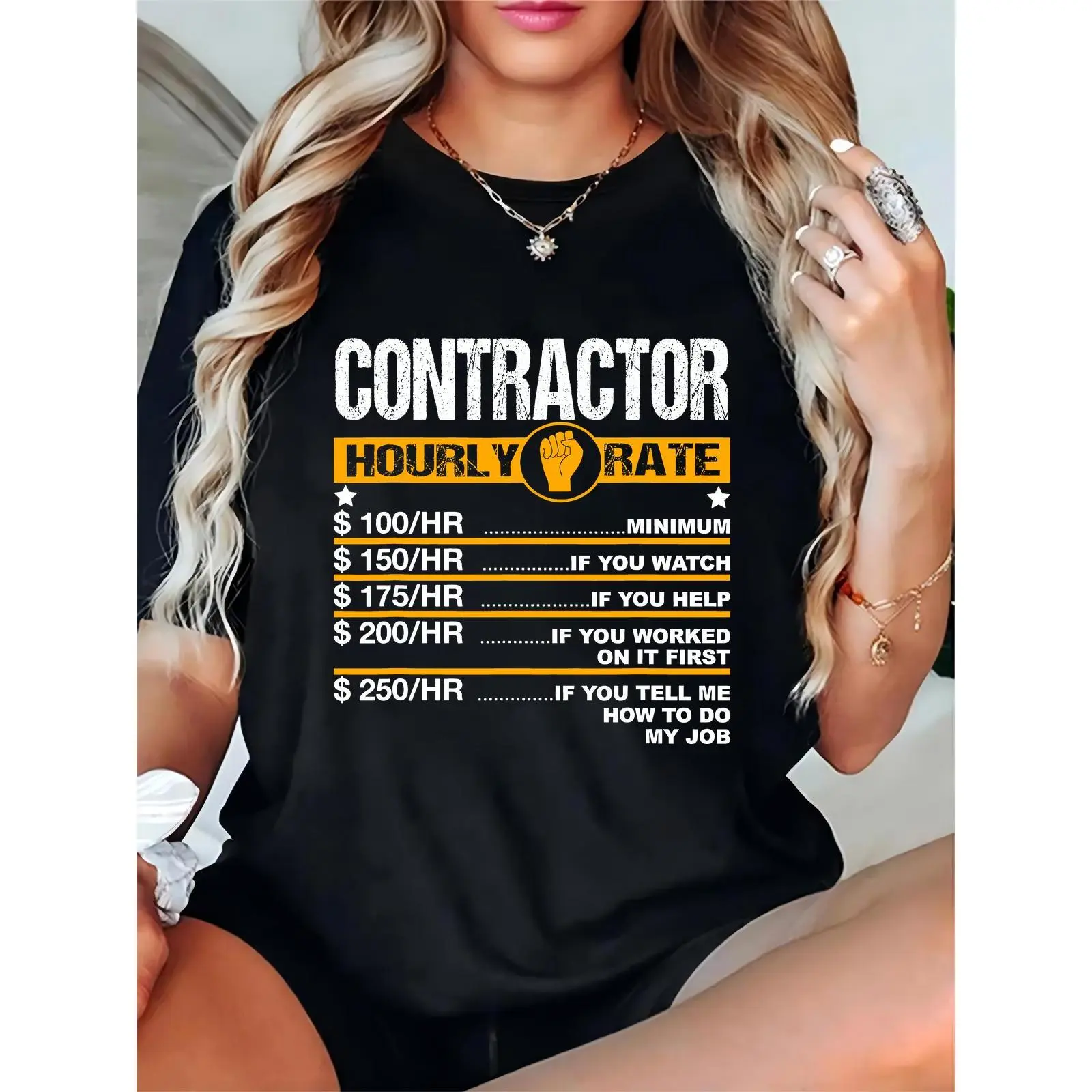 Women's Funny Contractor Hourly Rate T - Shirt, Casual Fist Graphic Tee, Humorous Workwear for Contractors & Construction Workers, Black