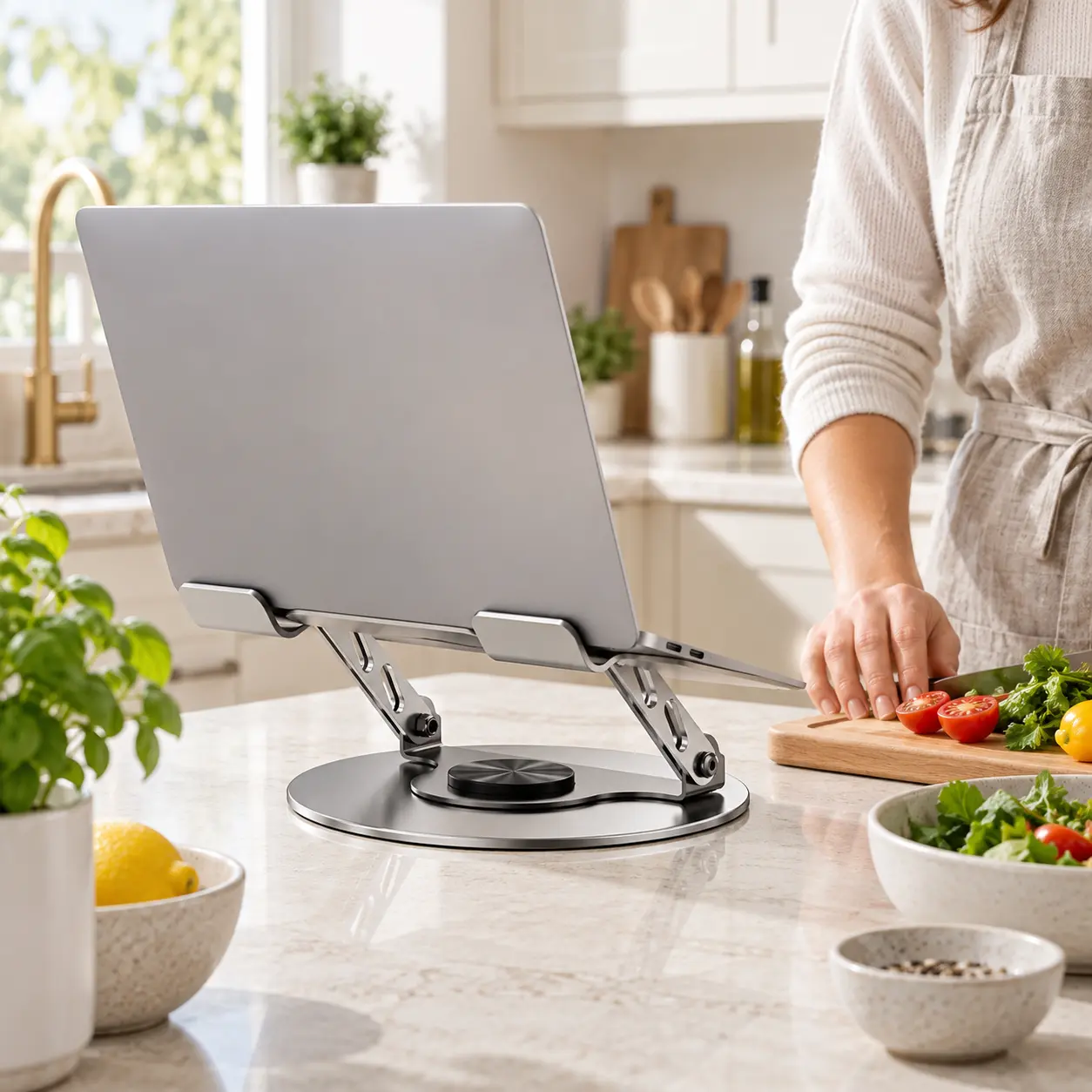 360° Rotating Computer Stand for Laptop and Tablet, Adjustable Height Aluminum Desk Riser with Multi-Angle Platform, Foldable Dual Arms, Ventilation Slots and Stable Non-Slip Round Base