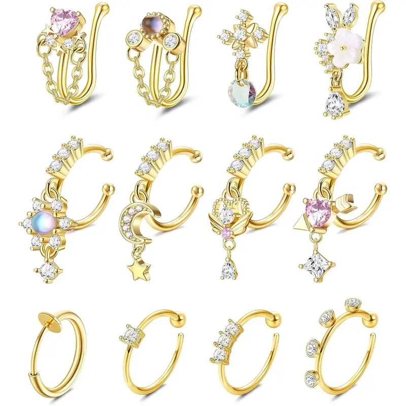 Female Elegant Adjustable Fake Piercings Set, 12-16Pcs Solid Stainless Steel/Copper Non-Piercing Jewelry - Gold/Silver Cubic Zirconia Dangle Nose Cuffs, Hoop Clips for Cartilage Tragus