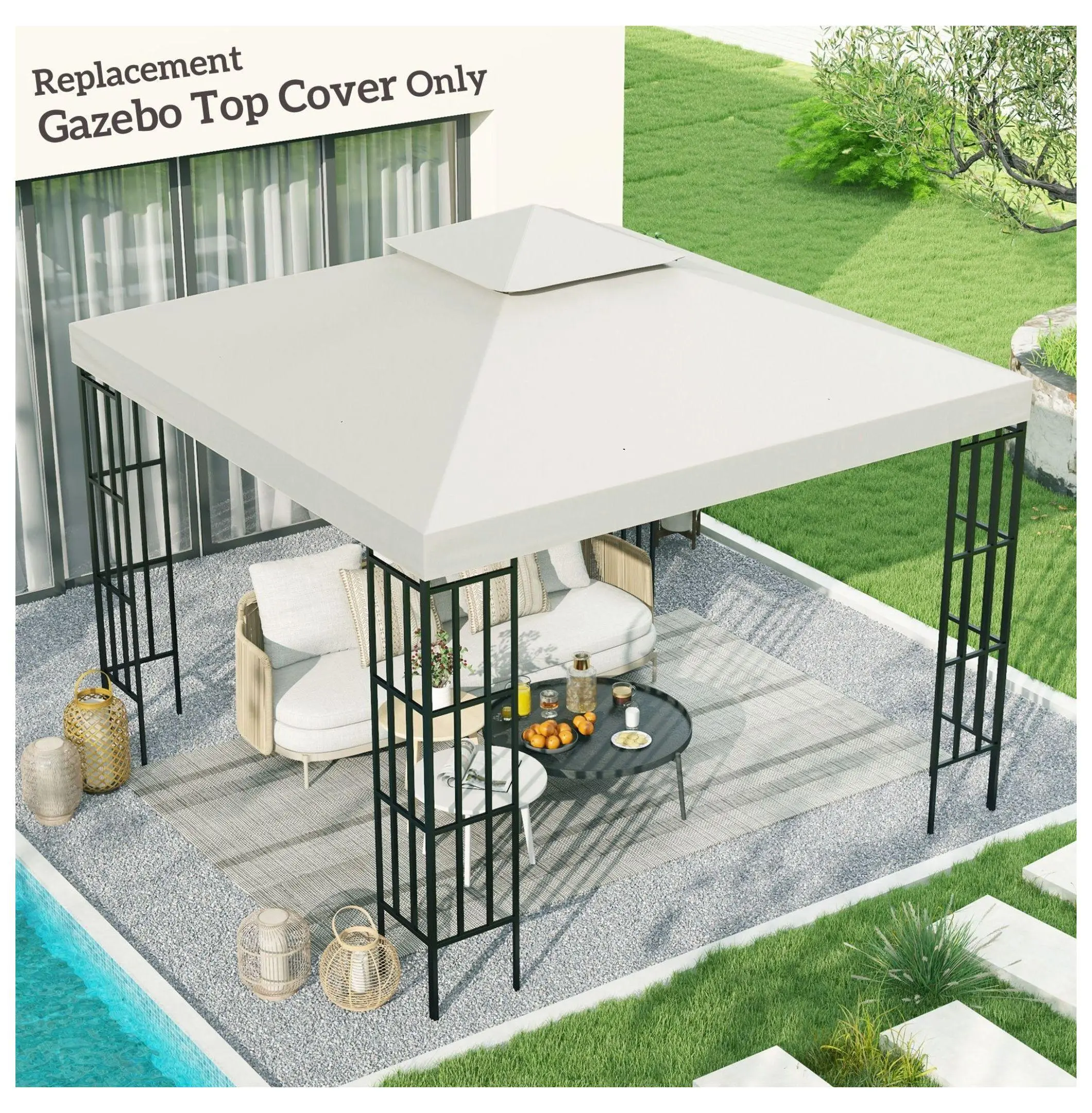 10x10 Gazebo Replacement Canopy, 2-Tiered UV Fabric Top, Patio Outdoor Pavilion Cream White Cover (Top Only), Two-Tiered