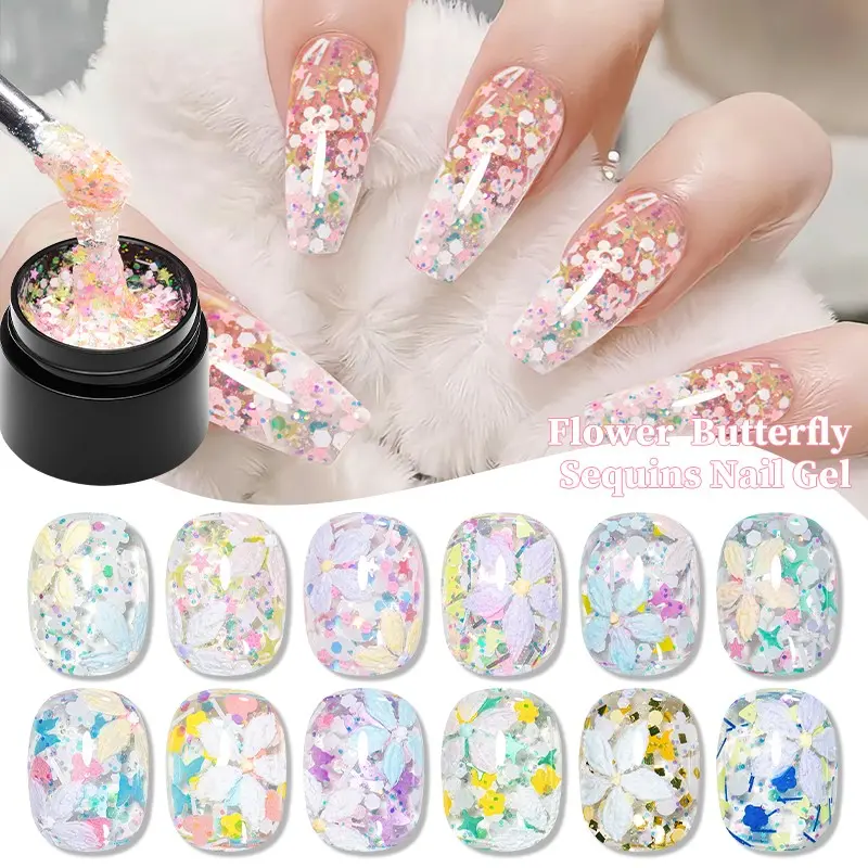 MEET ACROSS 8ml Floral Flower Butterfly Sequins Gel Nail Polish, 12 Colors Glitter Sequins Gel Polish, Ideal Manicure Gift for Spring Summer, High Saturation Gloss, Alcohol-Free, Perfect for Salon, Home Manicure, Diy Manicure and Nail Art, Nail Products