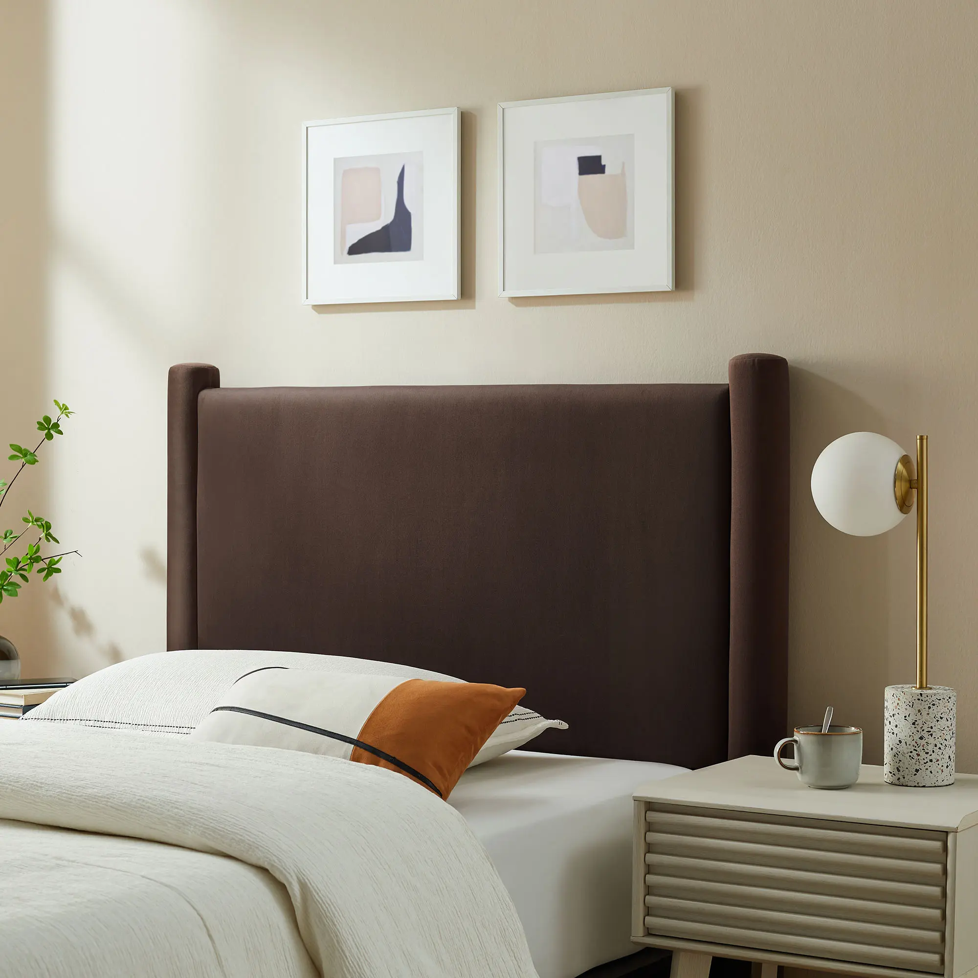 Rael Twin Size Performance Velvet Upholstered Headboard, Chocolate Brown, Modern Indoor Bed Frame Accessory