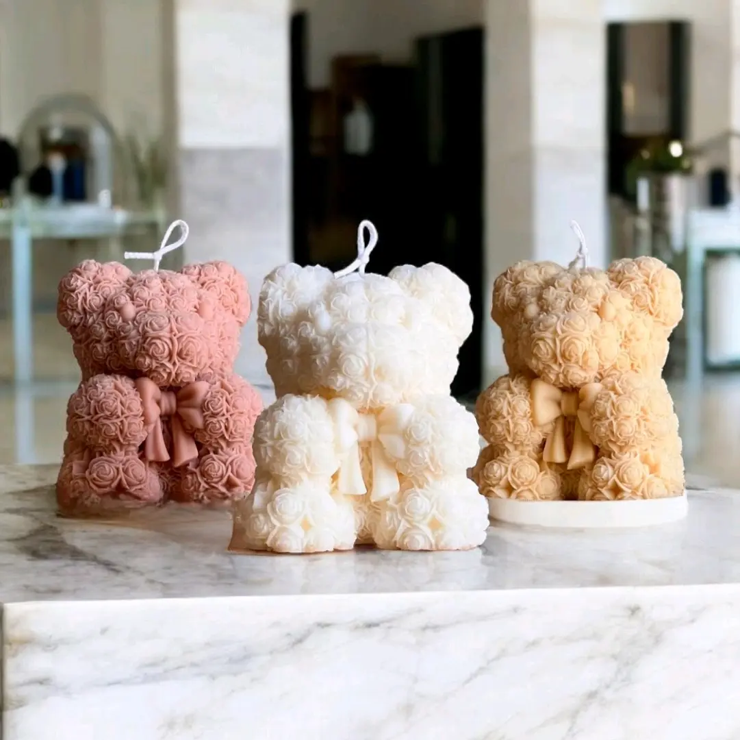 Rose Covered Bear Candle Wickless 4" Candles - Ornaments Decor Freshener Decorative Flower Gift Handmade with Beautiful Scents - Orange