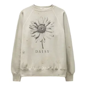 Women's Casual Longsleeve Round Neck Saint Michael Daisy Peace Logo Pullover Hoodie Sweatshirt Tops, Cream, Black Womenswear