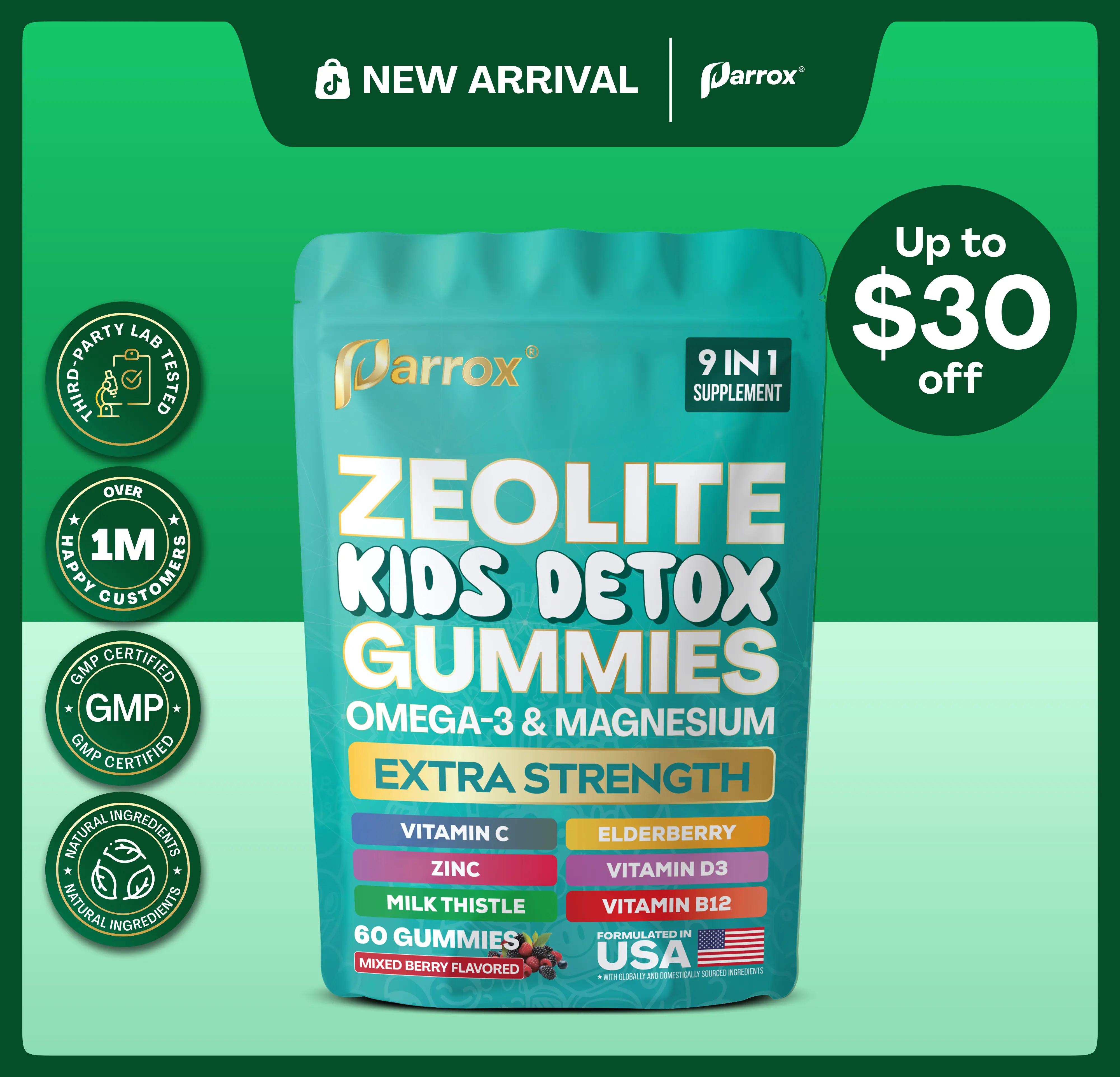 Zeolite Kids Detox Gummies (Mixed Berry Flavor) - Parrox 9 in 1 Kid Supplement for Brain, Immune, Vitamin, and Overall Healthcare - 60 Edible Gummies - Made in USA - (For Ages 3+)