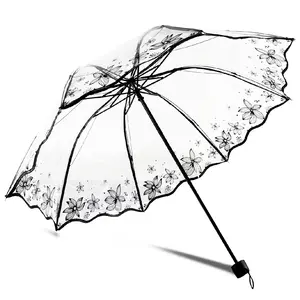 Wave Edge Vintage Transparent Umbrella, Portable Fashion Mini Lightweight Folding Pocket Rainproof Umbrella, Manual 8-Bone Design