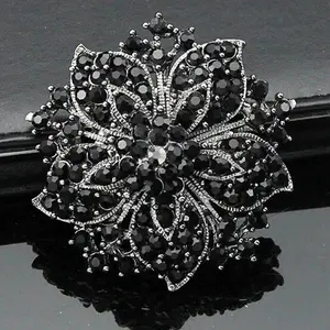 Vintage Fashion Women Clothes Black Crystals Flower Luxury Brooch Wedding Party Gift Brooch Pins For girls