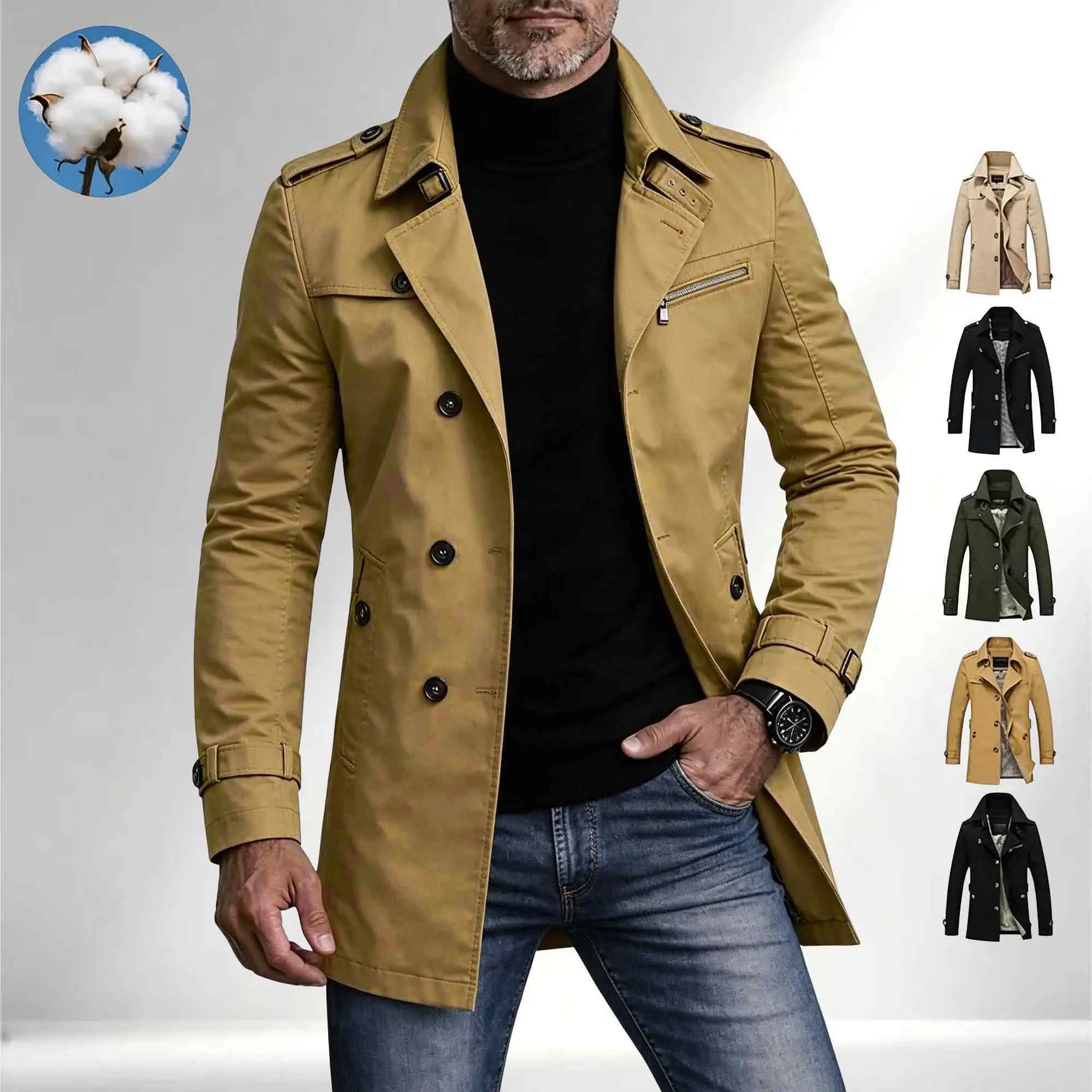 Men's Plain Long Sleeve Long Coat - Menswear Tops, Spring/Autumn, Single-Breasted, Turn-Down Collar, Slim-Fit Casual Outdoor Outerwear, Suitable for Office, Everyday Wear