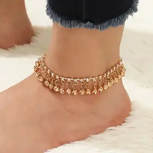 Elegant Golden Anklet with Sparkling Rhinestones and Jingling Bells - Vintage Boho Ste, Perfect for Beach Jewelry Gift for Couple Girl Fit Daily Wear