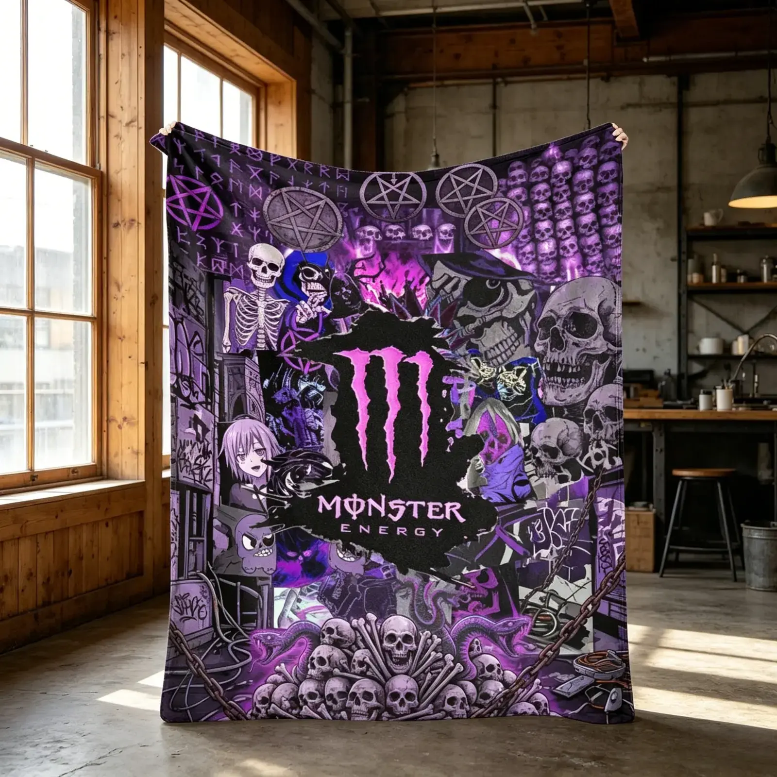 Gothic Skull Monster Energy Style Flannel Blanket Dark Purple Pentagram Horror Graphic Soft Cozy Lightweight AC Throw Blanket Kids Adults Sofa Bed Bedroom Living Room Office Travel Camping Movie Night Home Decor Gift Halloween Party Gothic Aesthetic Viral
