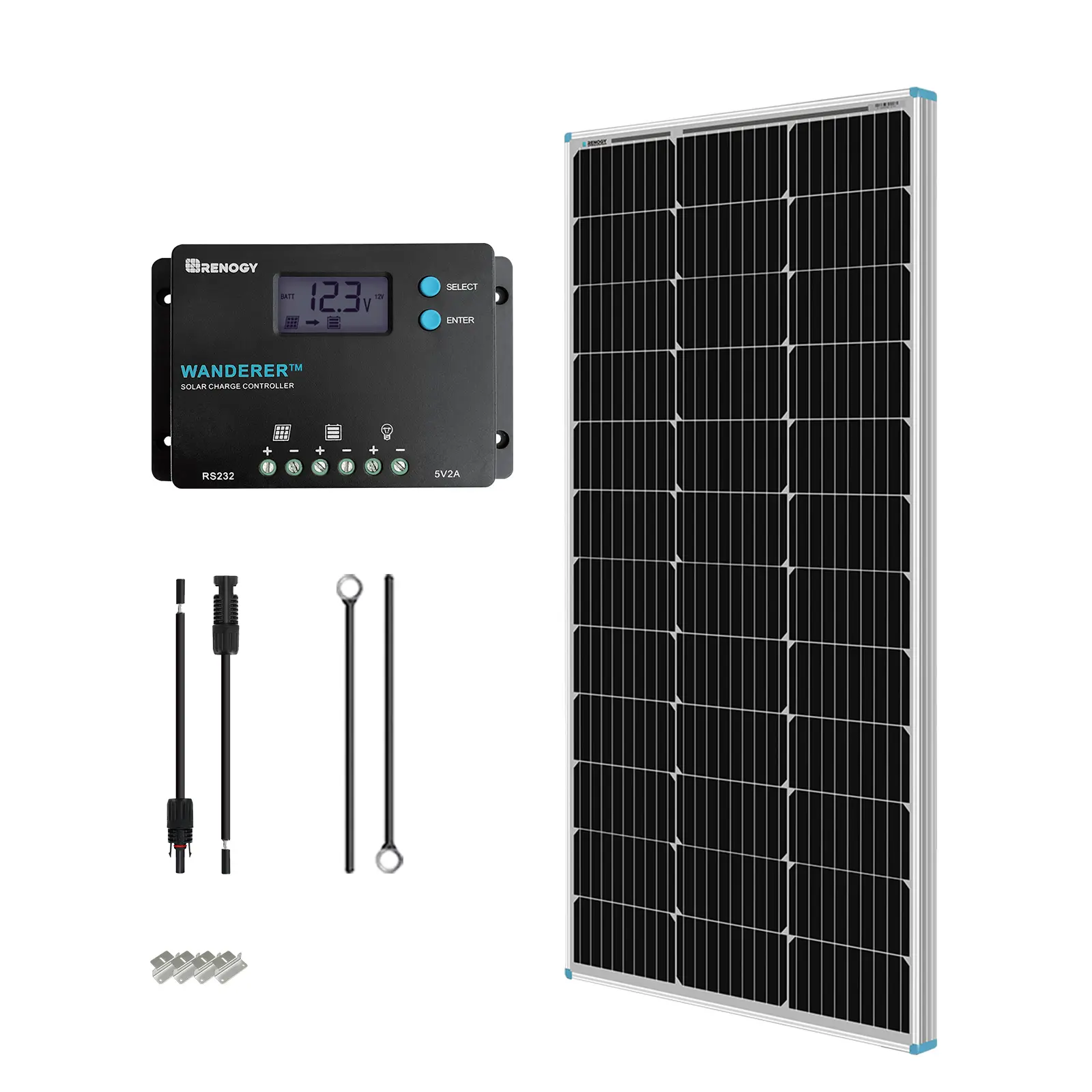 Renogy 100 Watt 12 Volt Solar Panel Starter Kit with 100W Monocrystalline Solar Panel + 30A PWM Charge Controller + Adaptor Kit + Tray Cables + Mounting Z Brackets for RV Boats Trailer Off-Grid System