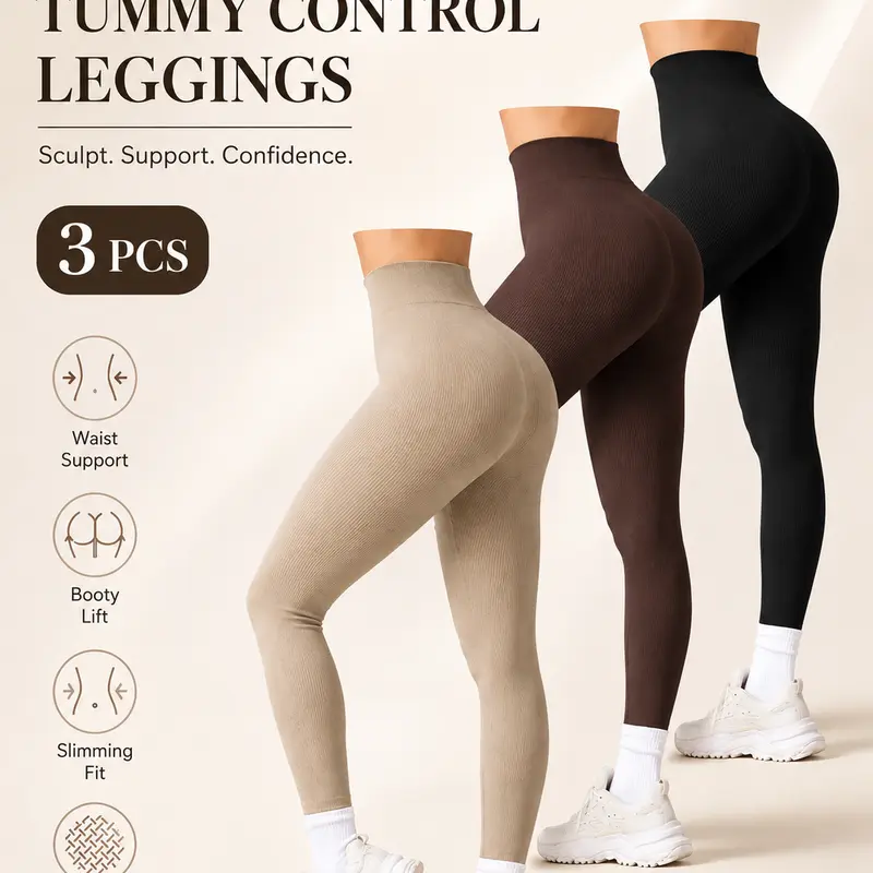 Women’s 3-Pack Ribbed Seamless High-Waisted High-Stretch Athletic Leggings Packs - Tummy-Support Lightweight Elastic Athleisure Fabric, Chic Fit for Gym, Everyday Casual Use