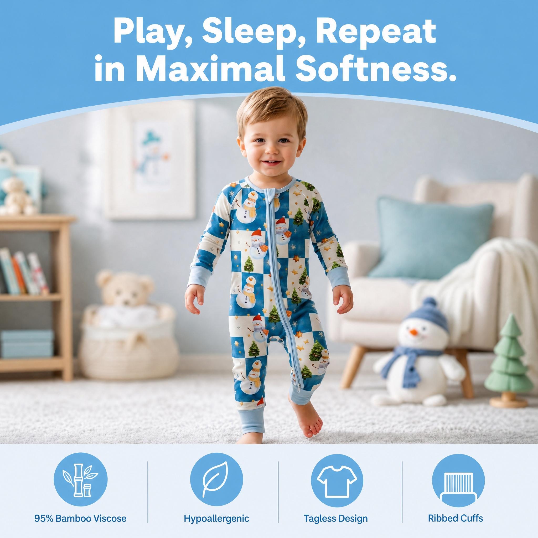 Junblebaby Unisex Baby Bamboo Fiber Christmas Bodysuit - Long Sleeve, Full Length Jumpsuit, 2-Way Zipper, Snowman Tree Print, Minimalist Knit Crew Neck, Ultra Soft Breathable, Machine Wash Cold, Easy Diaper Changes Pullover