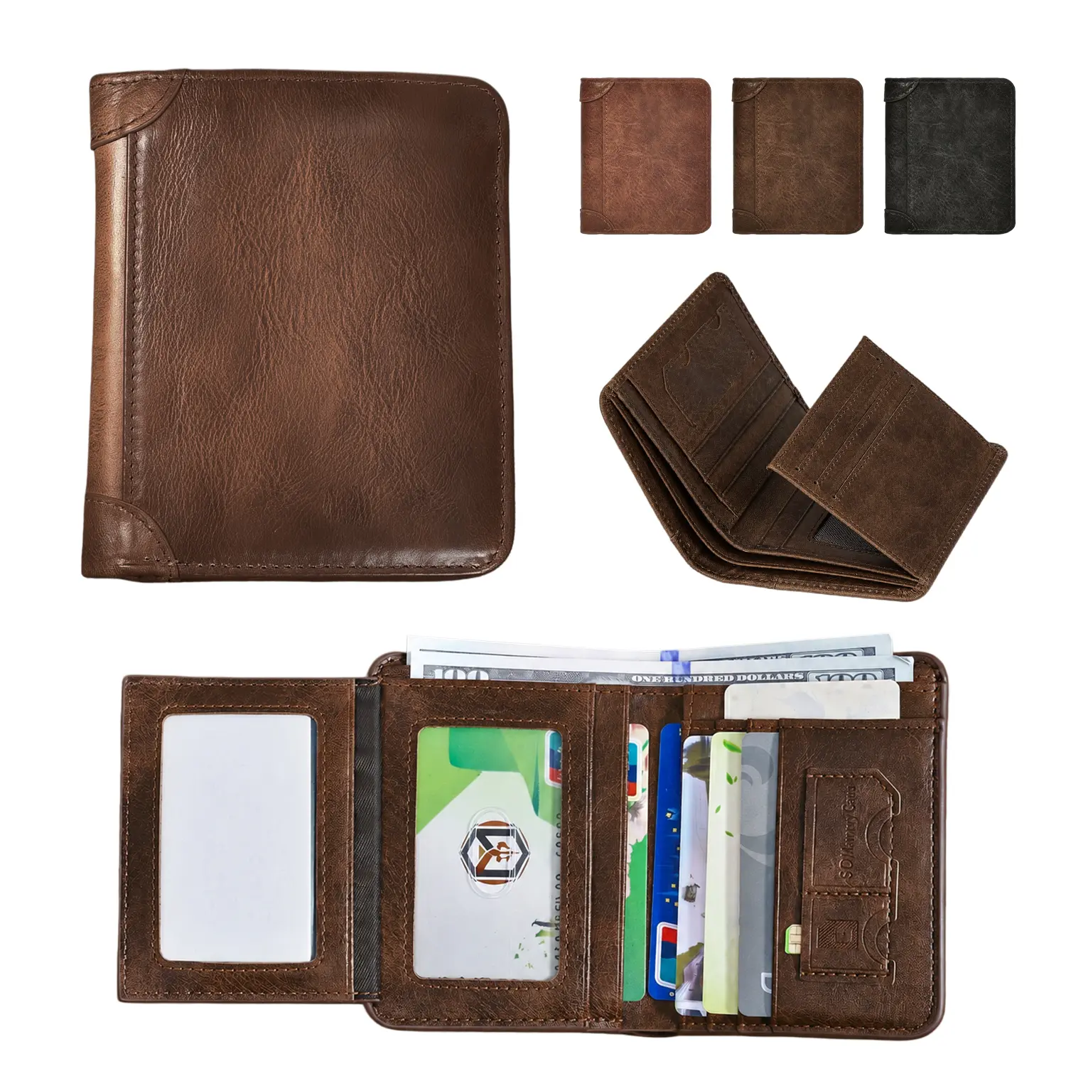 Men’s Vintage PU Leather Bifold Wallet - Bifold Cardholder, Short Slim RFID Organizer with ID Window, Zipper Coin Pocket, Cash Compartment, RFID Card Slots for Travel, Daily Use, Gifts,back to school,back to school haul