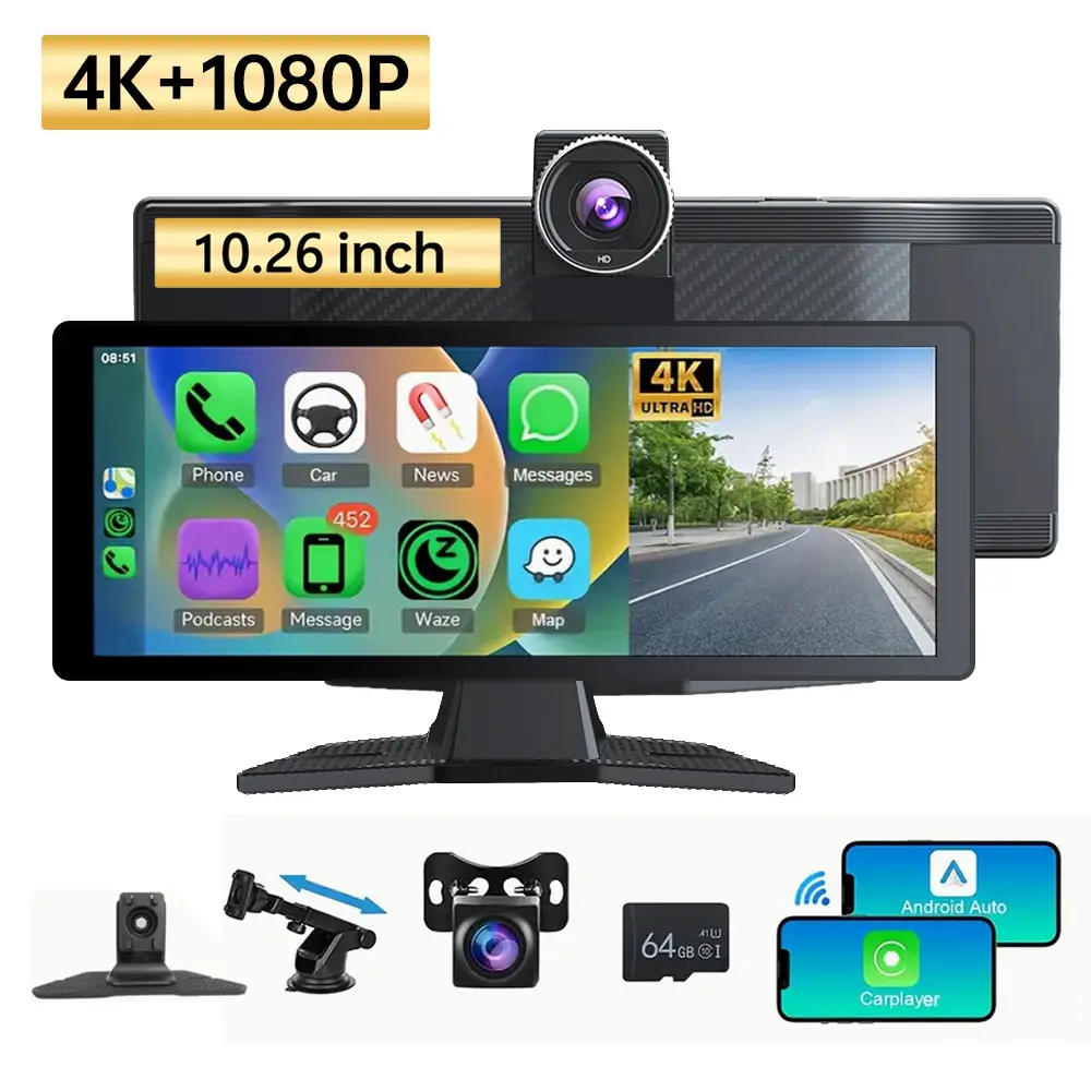 10.26 Inch 1080P HD Portable Car Stereo for Wireless Carplay and Android Auto, IPS 1080P Touch Screen with Front/Rear View Camera/Split Display/Loop Recording/TF Card (Free 64G TF card)
