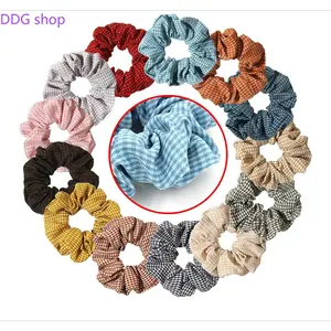 Korean-Style Two-Tone Small Plaid Hair Tie — Faux Cotton-Linen Fabric Headband, Plaid Headwear, Elastic Hair Accessory