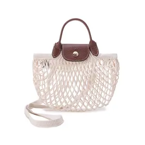 Longchamp Le Pliage Filet 17 Mini Cotton and Leather Mesh Tote Bag for Women in Linen Color