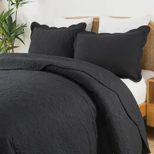 Queen Bedding Set - Microfiber Sets for Queen Bed, 3-Piece Lightweight Bedspreads,Reversible Coverlets Rustic Bedlinen Sets, Floral Bedding Set All Season-Black