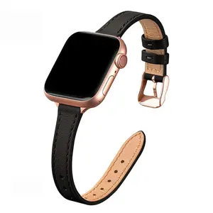 Slim Leather Apple Watch Band – Top Grain Leather Thin Wristband Compatible with Series 1–11, SE (38–42mm) in Black Rose Gold