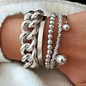 5-Piece Fashion Chain Style Open Cuff BraceletSet,Stackable Design,Fashion Accessories for Women & Men, CubanChain Bracelets, Trendy Jewellery Accessories