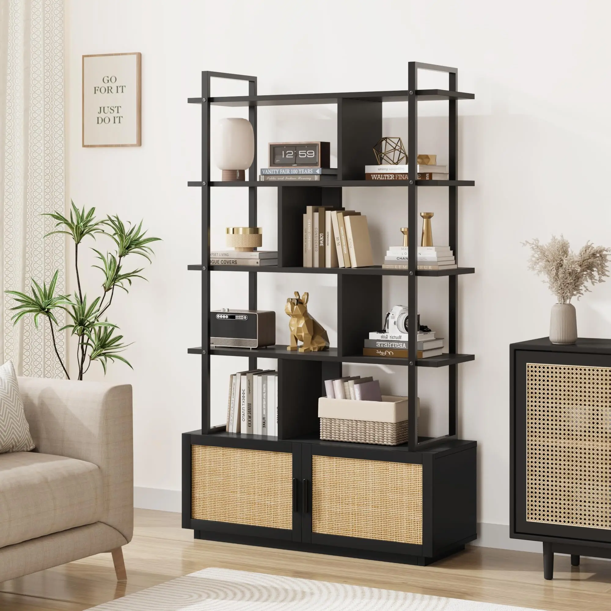 5 Tier Rattan Bookshelf with Storage Cabinet & Door, 71.1 Inch Tall Industrial Book Shelf with Open Display Shelves, 5 Shelf Bookcase with Metal Frame for Living Room, Bedroom (Black)