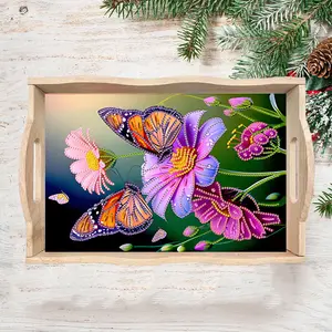 DIY Diamond Painting Tray Set, Butterfly Pattern, Wooden Decorative Serving Tray, Food Drink Holder, Picnic Essential, Gift for Family Friends Colleagues