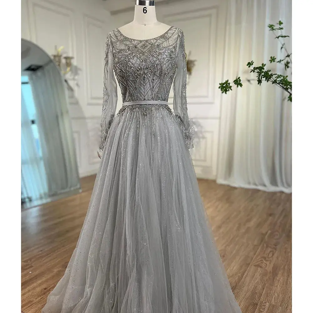 Feathered Grace: Grey A-Line Evening Gown with Beading and Feather Design – Dubai 2025 Formal Collection