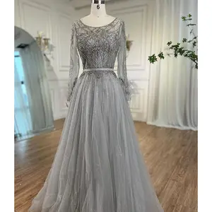 Feathered Grace: Grey A-Line Evening Gown with Beading and Feather Design – Dubai 2025 Formal Collection
