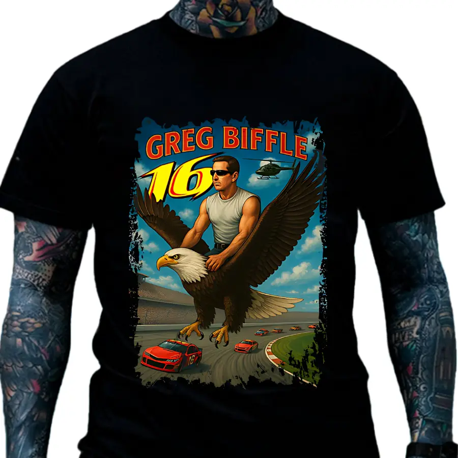 #1 Greg Biffle FREEDOM 500 Eagle Tribute Graphic T-Shirt Sweatshirt Hoodie, Legendary No.16 Speedway Hero Design, Patriotic Racing Memorial Apparel, Vintage Streetwear For Men & Women, Full Size, Full Colors