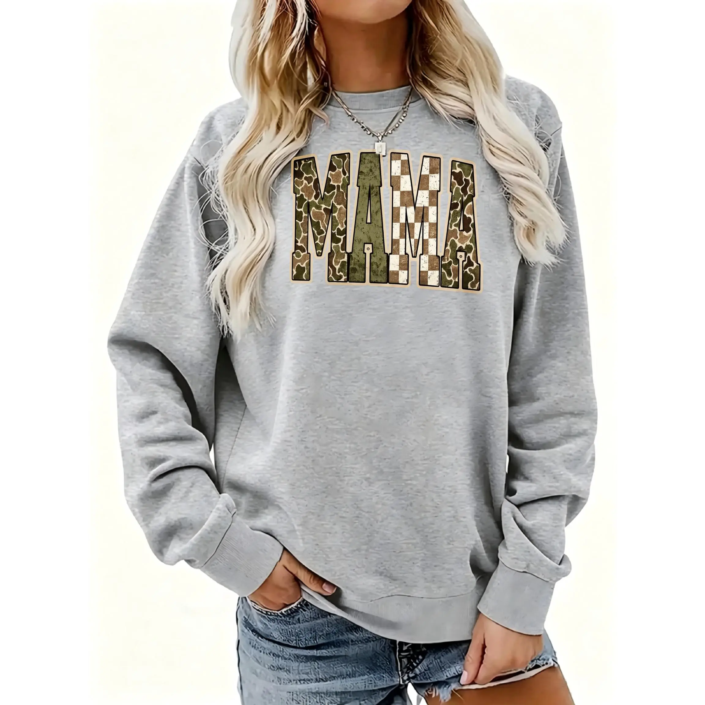Women's Mama Camo Checkered Pattern Print Crewneck Sweatshirt | Soft Stretchy Long Sleeve Pullover | Cozy Fall Layering Essential For Casual Daily, Office & Streetwear Looks