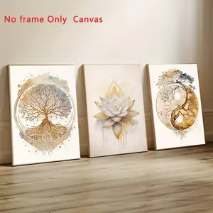 No frame Only Canvas, 1 Set of 3Pcs Unframed Canvas Wall Art, Modern Tree of Life and Lotus Flower Prints, 3-Panel Unframed Wall Decor. Ideal for wedding season home decoration, wall art for bedroom, living room, bathroom, entryway and hallway. Perfect ho