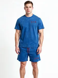 ETN Men's Blue Acid Wash Summer Set - Casual Summer Wear Fitted Short Sleeve Crew Neck Above the Knee Medium Length Pockets Zipper Cotton