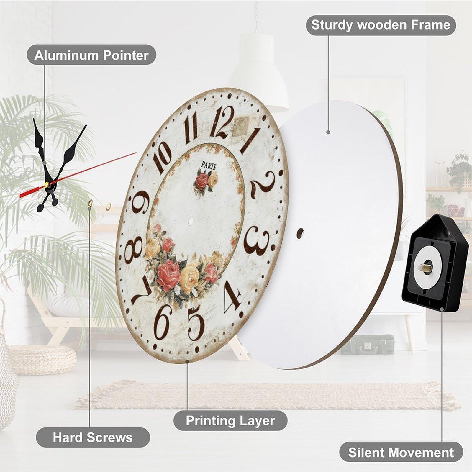 12 Inch Vintage Paris Rose Wooden Wall Clock | Silent Sweep Movementn Shabby Chic French Decor, No Battery Included, Perfect for Living Room, Bedroom, Bathroom