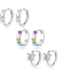 3Pair Small Silver Hoop Earrings for Women Girls 925 Sterling Silver Cartilage Earrings Flowers Heart Butterfly Zirconia Hoop Earrings Hypoallergenic Sleeper Huggie Earrings Set for Kids Heart Shaped Earrings