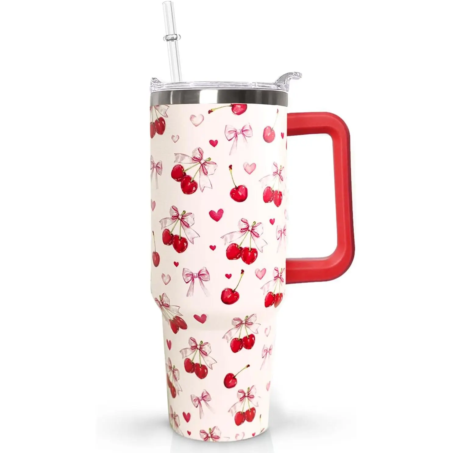 Women's 40oz Cherry Bow Reusable Stainless Steel Tumbler Beverage Bottle, Triple-Insulated Plastic-Free Drinkware with Handle, Transparent Lid, Straw, 12-Hour Cold Retention, Portable Gift for Mom, Best Friend, Teen Girls, Housewarming, Dad