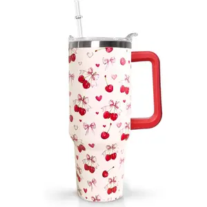 Cherry Bow Coffee Mug 40oz Cup with Handle Lid & Straw, Triple Insulated Stainless Steel Tumbler for Coffee Tea Milk Water, Cute Cherry Decor Gift for Women & Girls, Perfect for Birthday Party & Graduation