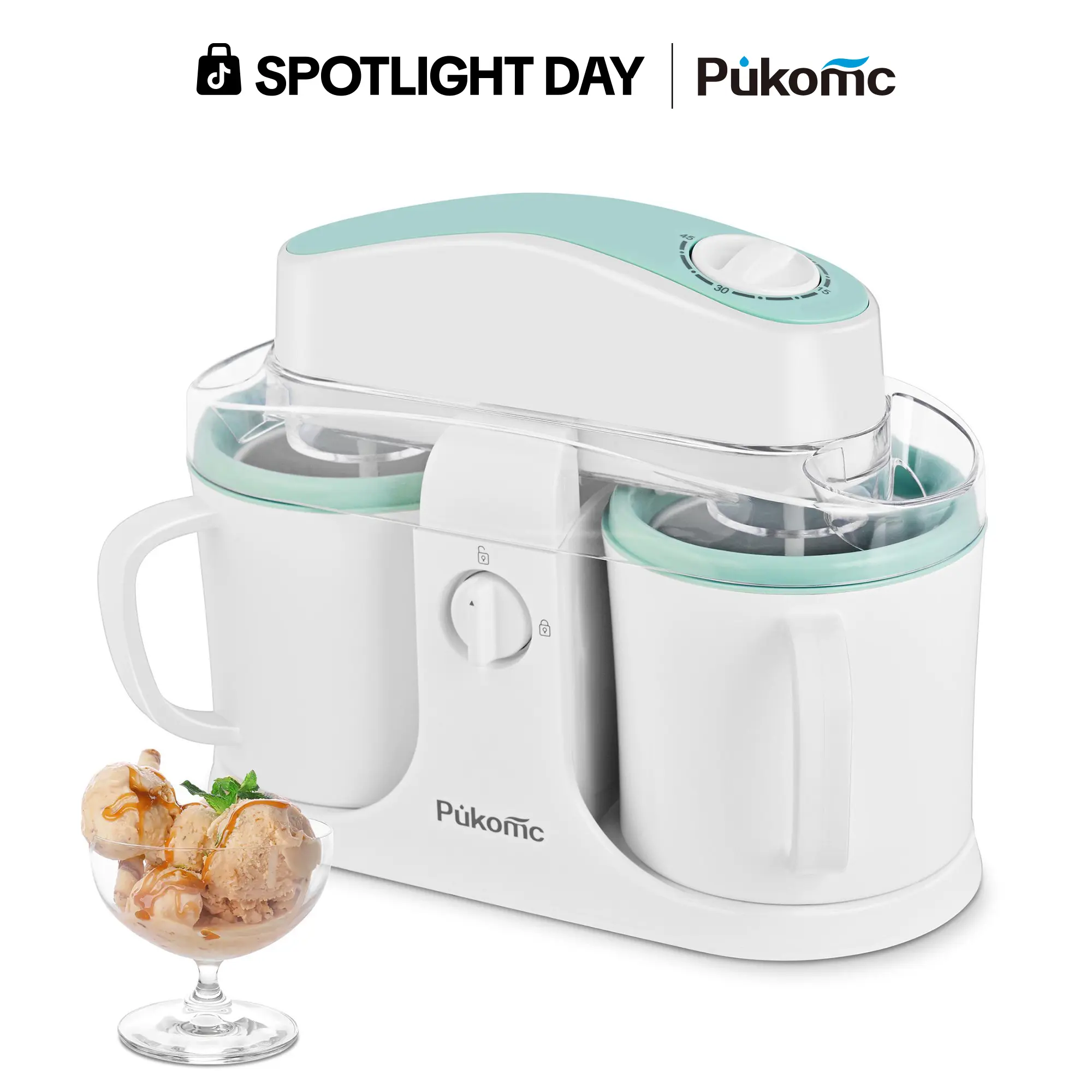 Pukomc Dual Fast-Chill Bowl Ice Cream Maker Machine - 1-Button Operation, Timer Control, Effortless Mixing, Easy to Clean Kitchen Appliance for Homemade Gelato & Family Use, Sohochic