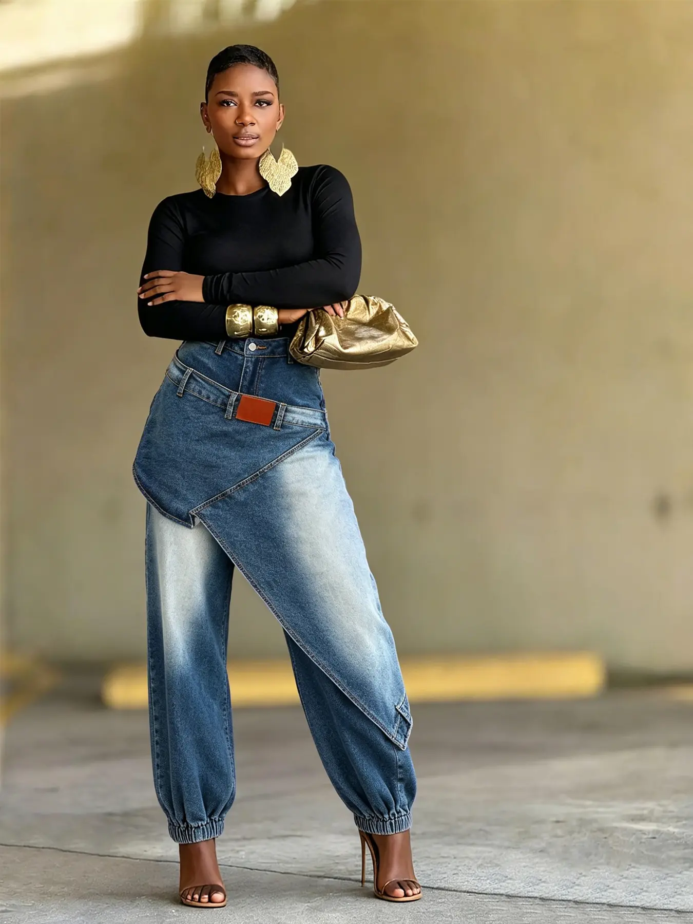 Women's Chic Retro Belted Denim Mini Skirt - Poly-Cotton-Elastane Blend, Asymmetrical Patchwork Detail, Button Front, Twist Design, Oversized Cut, 2000s Throwback, for Party, Streetwear, All Seasons
