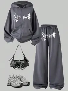 Autumn Winter New Fleece Lined American Style Cross Geometric Graphic Zipper Hoodie Set, Belted Drawstring Straight Leg Loose Fit Wide Leg Casual Pants Two-Piece Suit Sweatpants