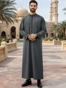 Arabic Islamic Muslim Traditional Clothing, Classic Versatile Men's Stand Collar Robe Modesty Thobe, Embroidered Long Sleeve Business Wear