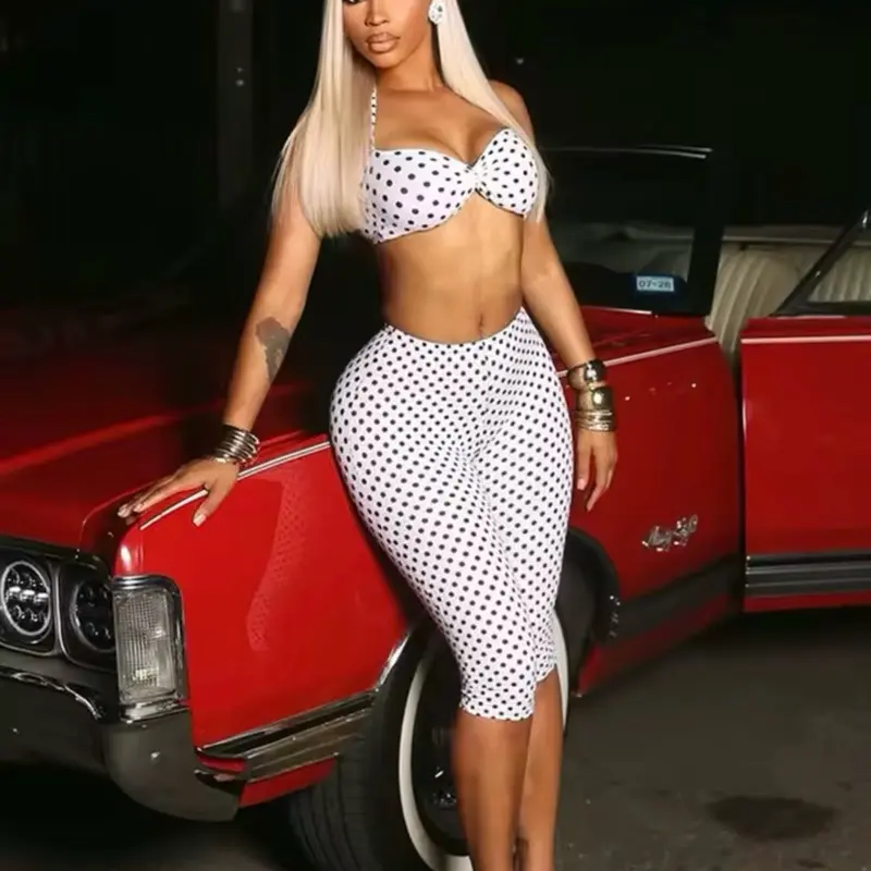 Polka Dot Print Women 2 Piece Set Casual Halter Tank Tops+Biker Shorts Matching Tracksuits Vacation Y2k Streetwear