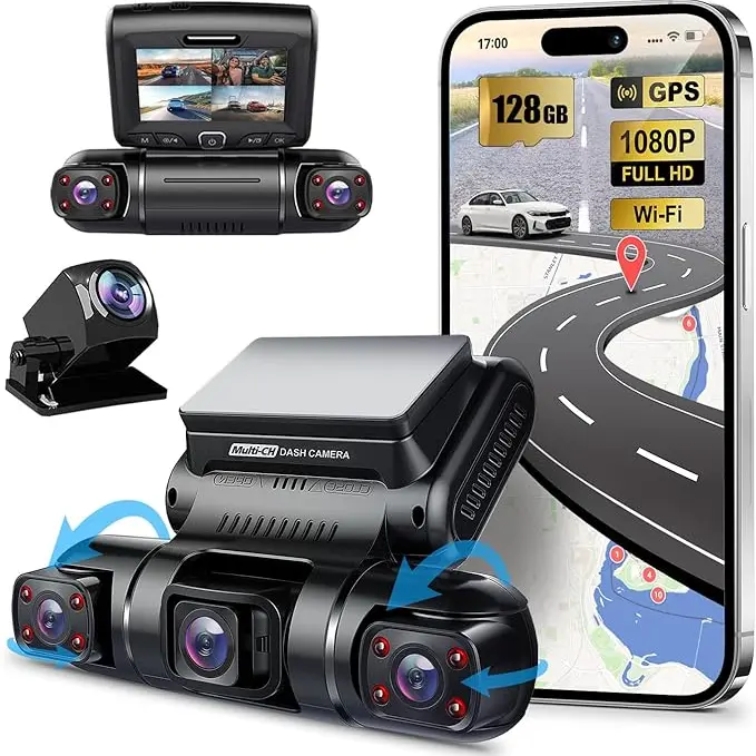PRUVEEO 360 Degree 4-Channel Car Dashboard Camera (5.9 Inches) - Dashcams for Cars with Wi-Fi, FHD 1080p Night Vision, Built-in GPS Logger, Left-Right Rotatable Monitoring, 24/7 Recording, Free 128G Micro SD Card, Driving Safety Accessory