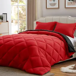 Queen Comforter Set Black&Red,3 Pieces Lightweight Comforters Queen Size Reversible Bedding Comforters Sets,Down Alternative Comforter Bed Set Blanket(88x88In Comforter & 2 Pillowsham)