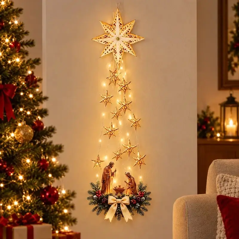 Christmas Nativity Star Light Wall Decor, Bethlehem Star Hanging String Lights with Holy Family Scene, Warm Glow Christian Holiday Home Decoration