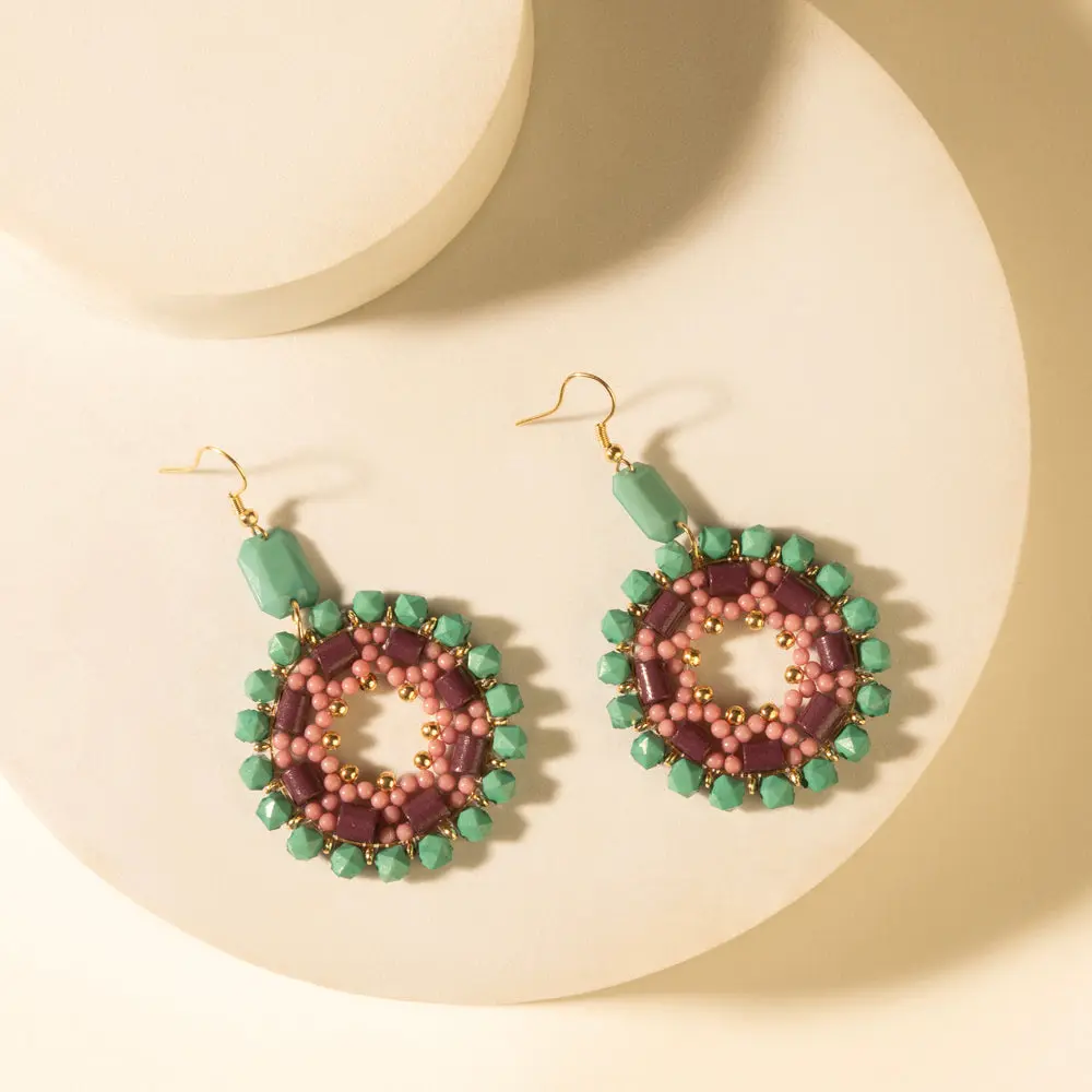 Women's Handmade Craft Beaded Medallion Drop Earrings - Boho Western Ethnic Statement Jewelry, Turquoise & Plum, Lightweight, for Female Adults, Festival Fits Daily Wear