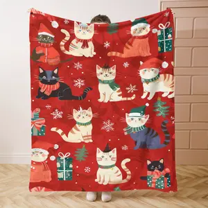 A Christmas cat fleece blanket, a soft and comfortable blanket with modern style digital printing. This lightweight coverlet is suitable for beds, sofas, offices, camping, and traveling, and is made of fleece fabric.