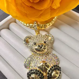 Gold-Toned Rhinestone Bear Pendant Necklace with Chain for Women's Fashion Jewelry