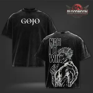 Gojo Satoru “Nah I’d Win” Vintage Washed Oversized Heavyweight Cotton Graphic T-Shirt Anime Back Print Streetwear Double Print Unisex