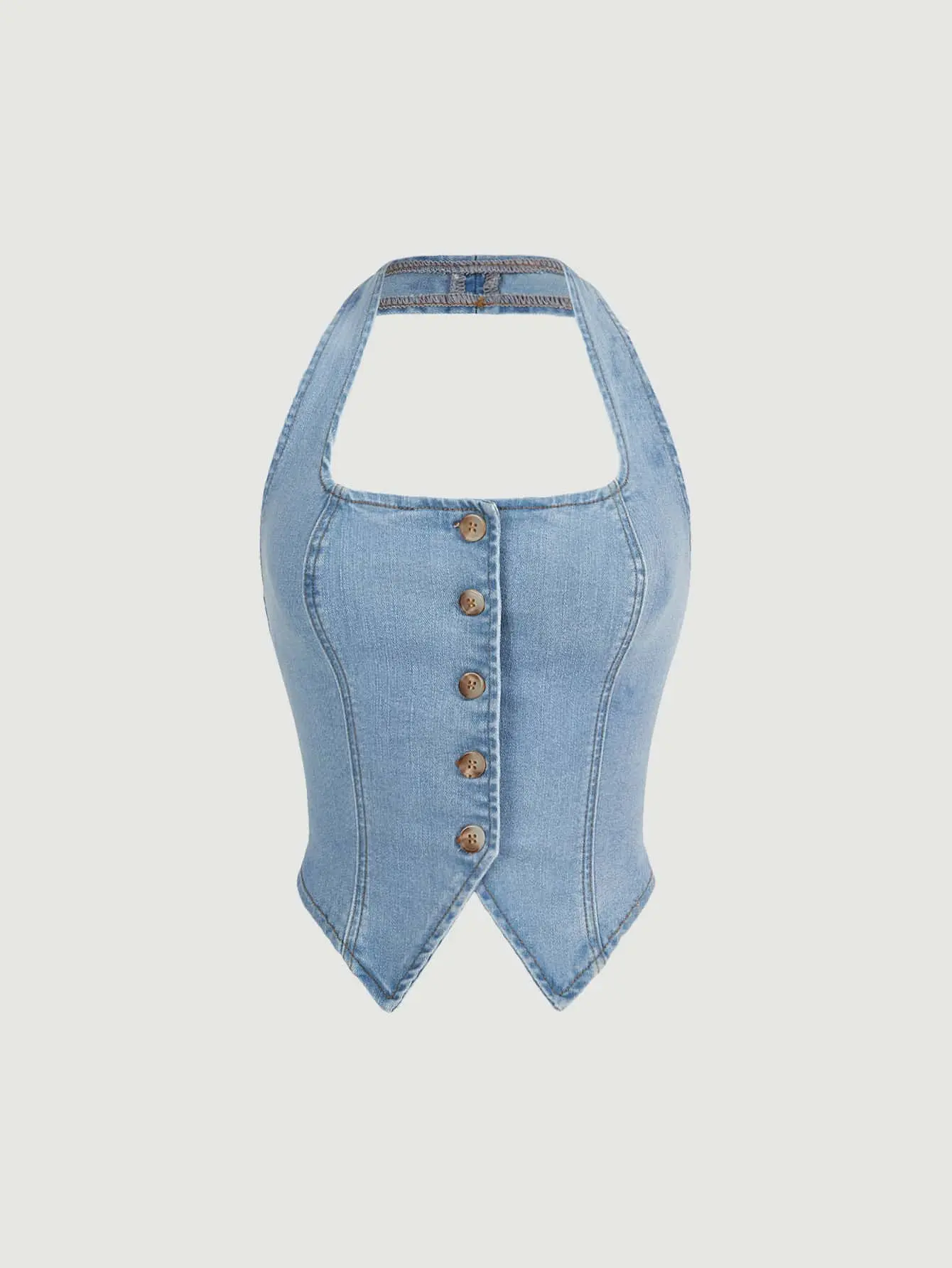 Women's Button Front Halter Neck Denim Top | Sexy Backless Sleeveless Crop Tank | Y2K Summer Going Out Jean Top