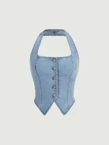 Women's Button Front Halter Neck Denim Top | Sexy Backless Sleeveless Crop Tank | Y2K Summer Going Out Jean Top